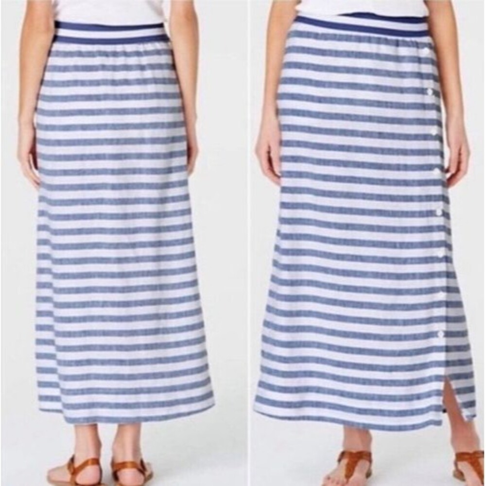 J. Jill Love Linen Blue/White Nautical Striped 100% Linen Maxi Skirt Size XS